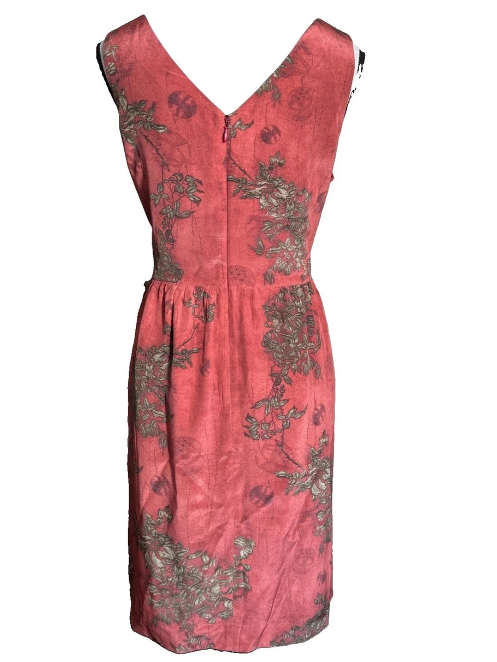 Peruvian Connection 100% Silk A-Line Dress 10 Red Asian Floral V Neck Pockets - Picture 5 of 10